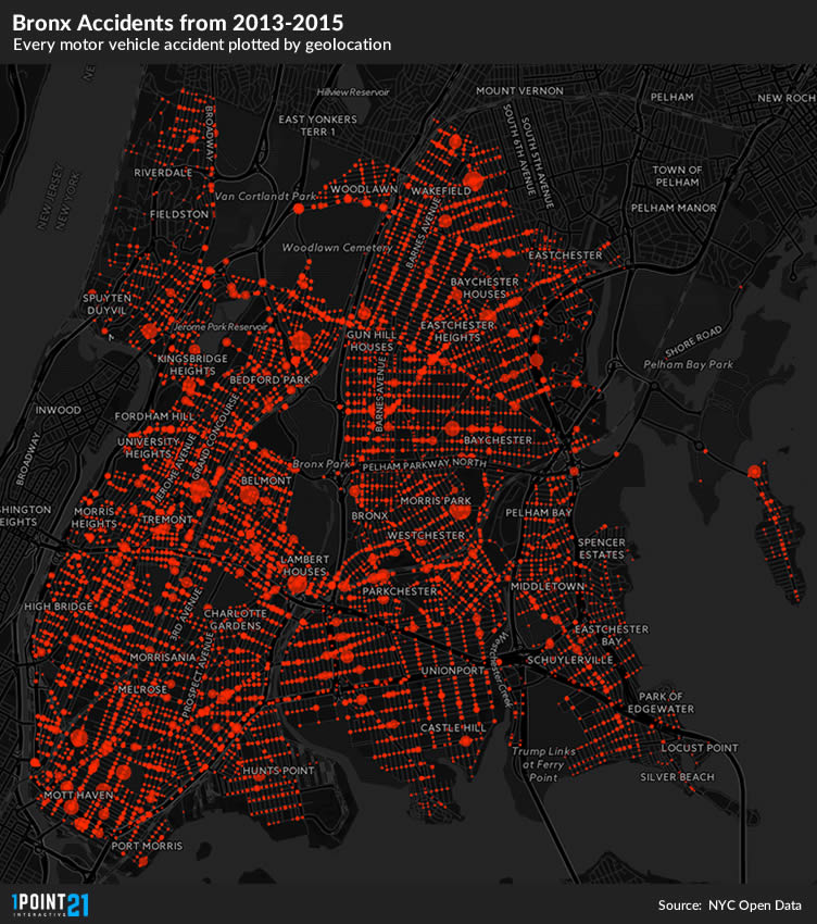 Bronx accidents mapped from 2013-2015